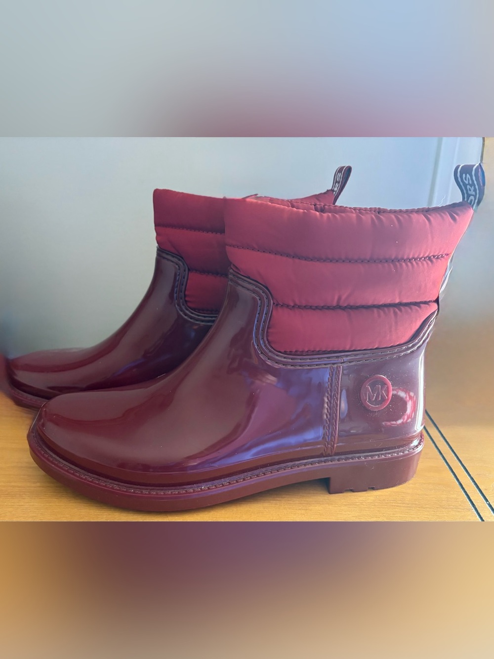 Michael Kors Burgundy Glossy Puffer Ankle Boots